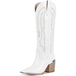 Isnom Womens Size 8 White Faux Leather 3" Heel Knee High Western Cowboy Boots